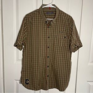 Cavi Olive Red Plaid Short Sleeve Button Up Size XL Varsity Letter Embroidered